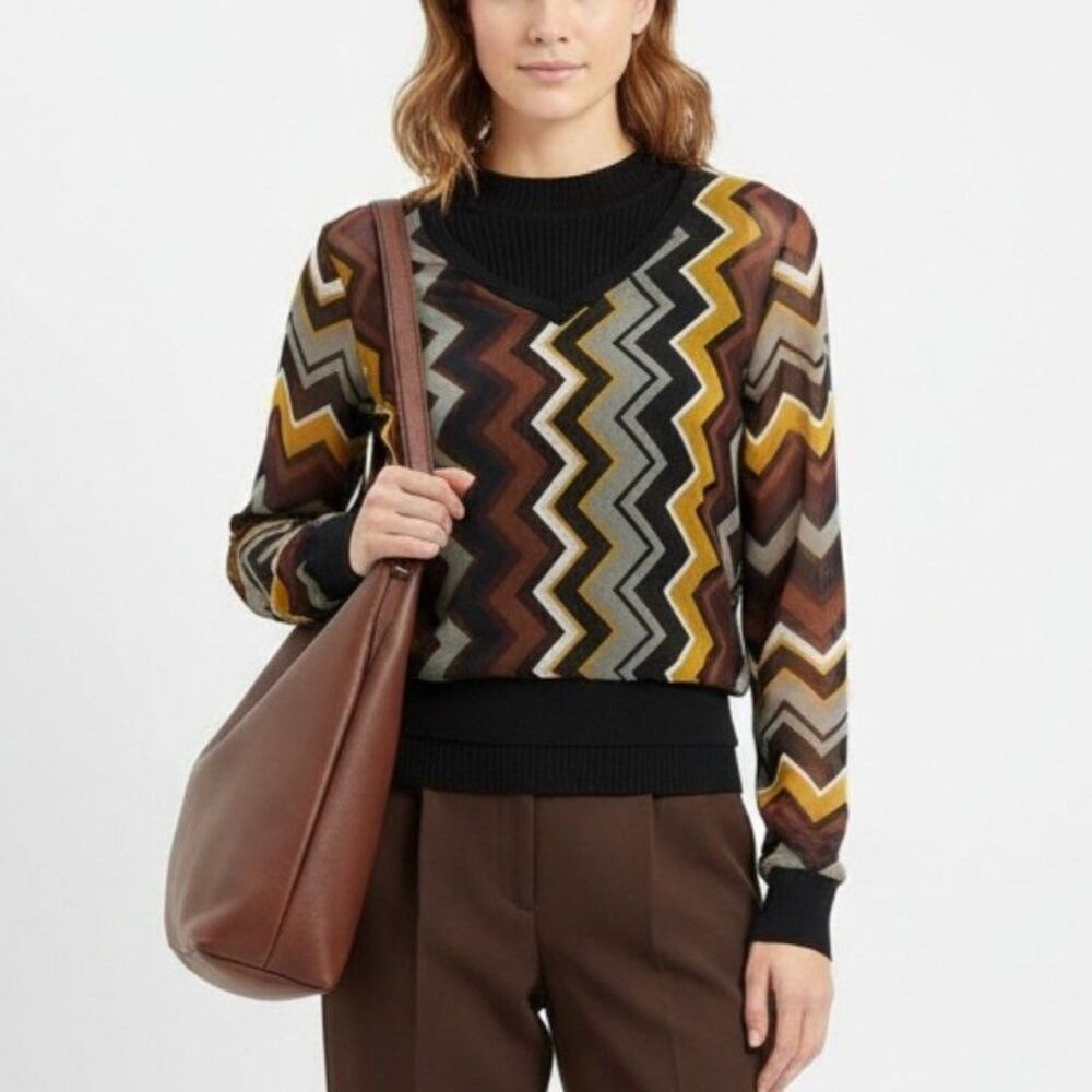 Missoni Brown Long Sleeve Sheer Chevron Print Blouse Top XS